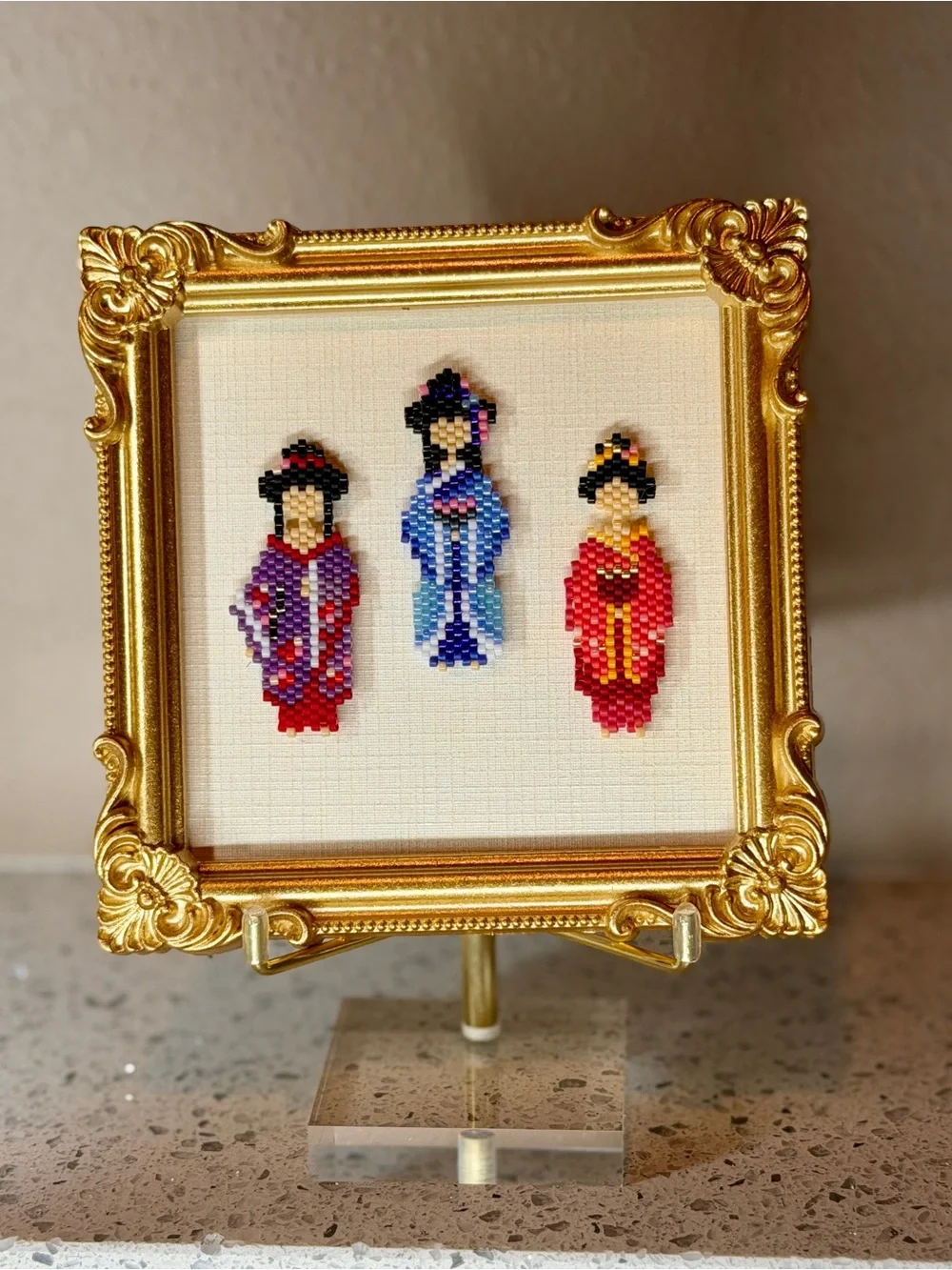 Framed Kimono Girls Miniature Art • Handmade Seed Bead Decor - Picture 7 of 7